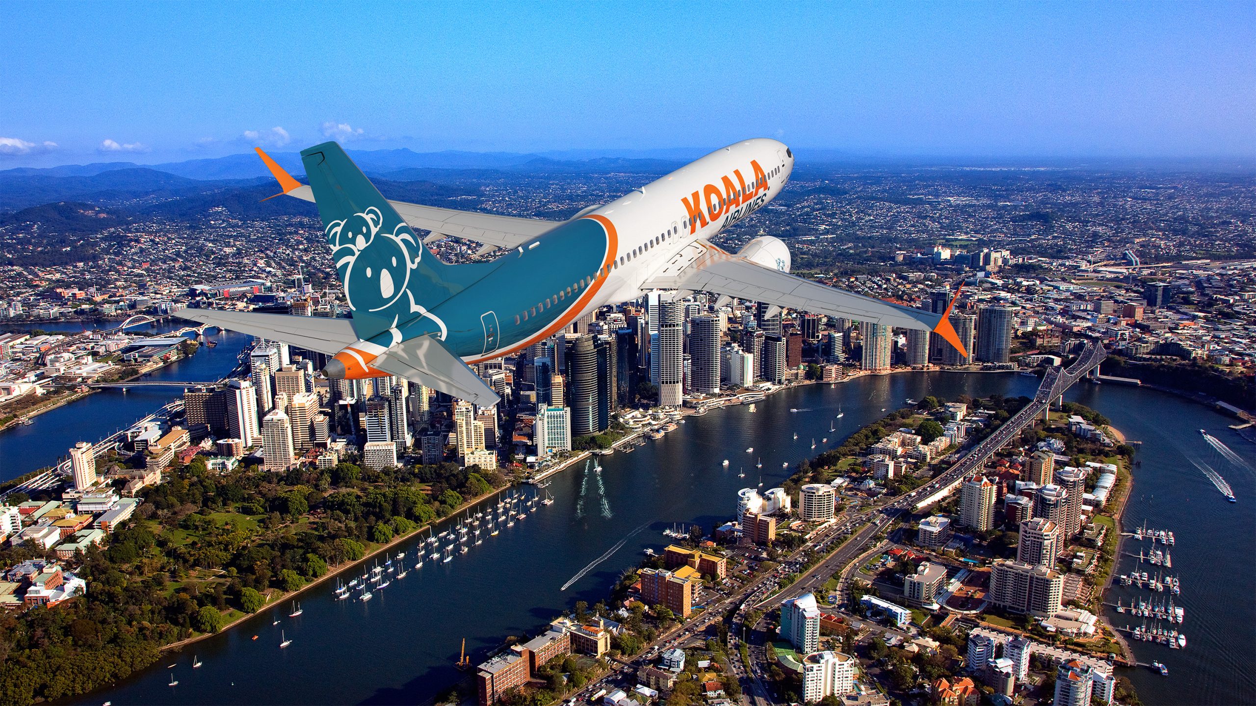 Koala Airlines plane flying over city landscape.