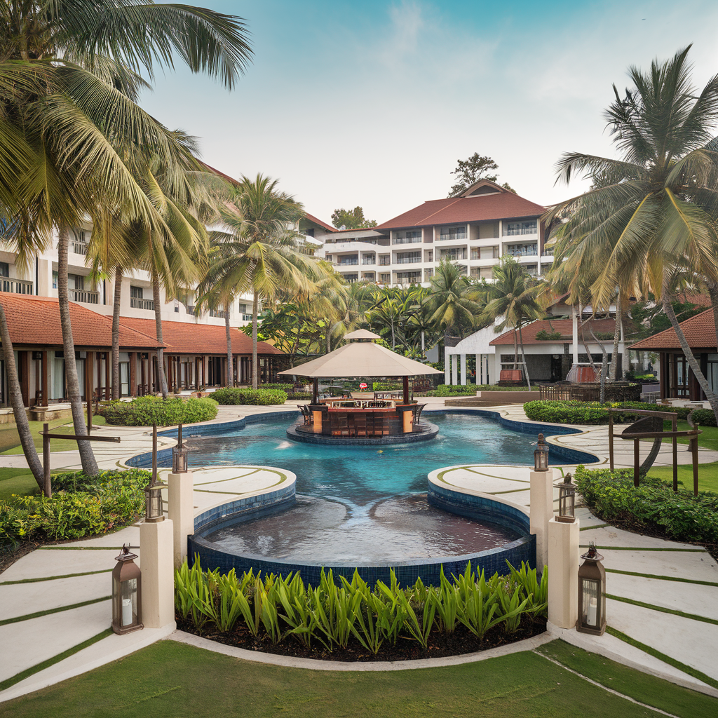 A luxurious hotel resort with a pool and lush greenery. The resort has multiple buildings with white walls and red roofs. There's a pool with a bar in the middle. The area is surrounded by palm trees and has a walkway with lanterns. The sky is clear.