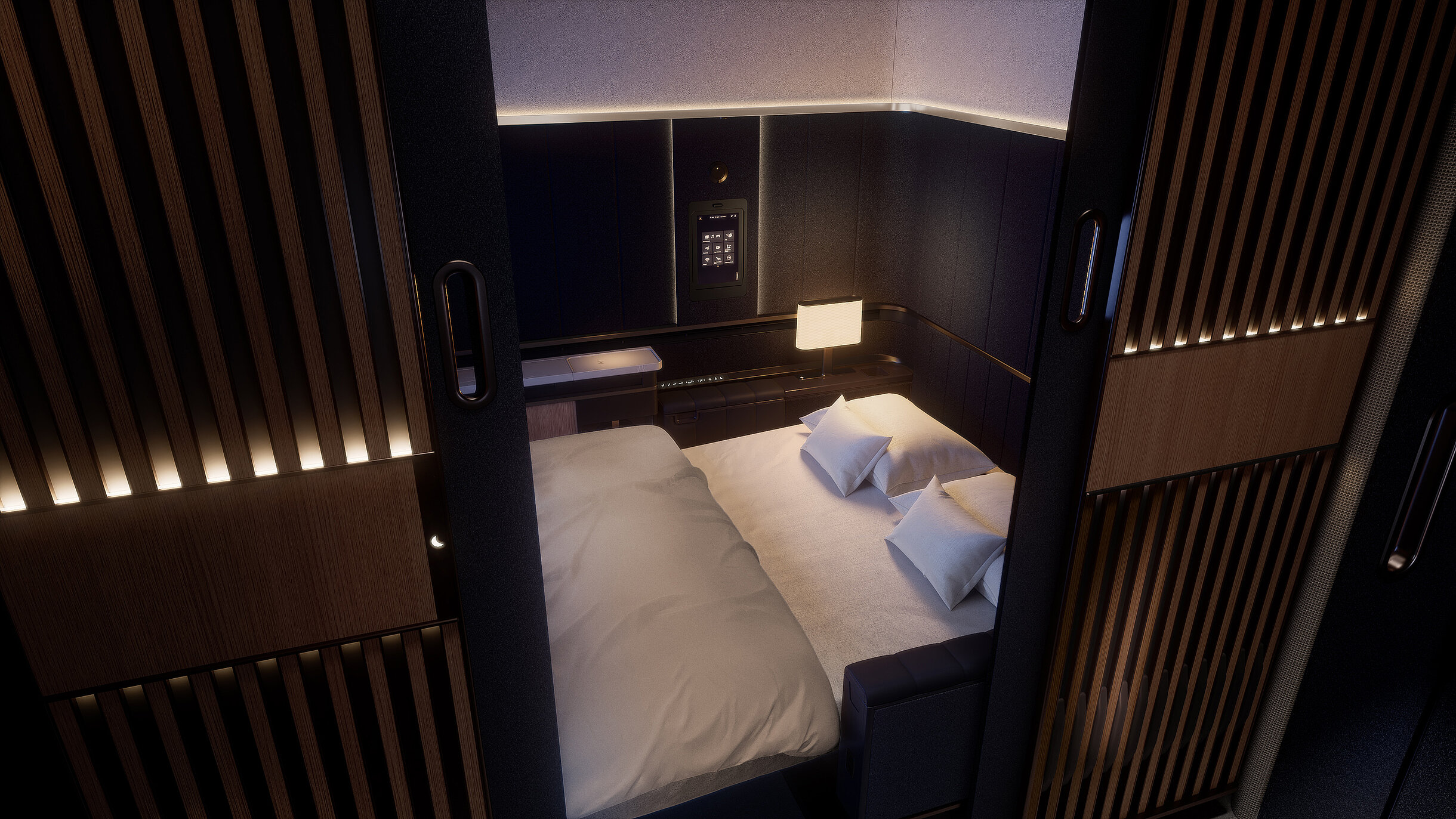 Lufthansa First Class, seat laid out as a bed with a privacy screen in front of it.