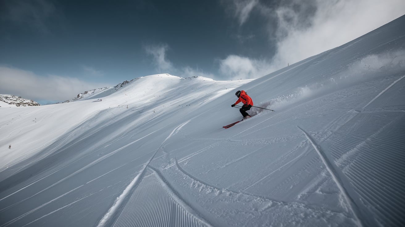 A photo of a skier descending a snowy mountain slope. The skier is wearing a bright orange jacket and black pants. They are skiing diagonally across the mountain, leaving parallel tracks in the fresh snow. The background reveals more of the mountain, with multiple ski runs. The sky is clear, with a few clouds. The overall image has a cold, blue hue.