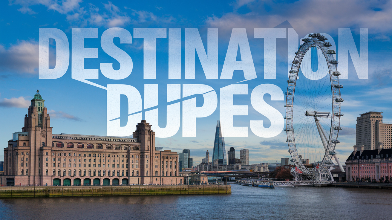 A photo of the Liverpool and London skyline with the text "Destination dupes". The photo shows the iconic Liverpool skyline with the Liver Building, and the London skyline with the Shard and the London Eye. The text "Destination dupes" is written in large letters across the sky, with the letters slightly distorted. The background is clear with a few clouds.