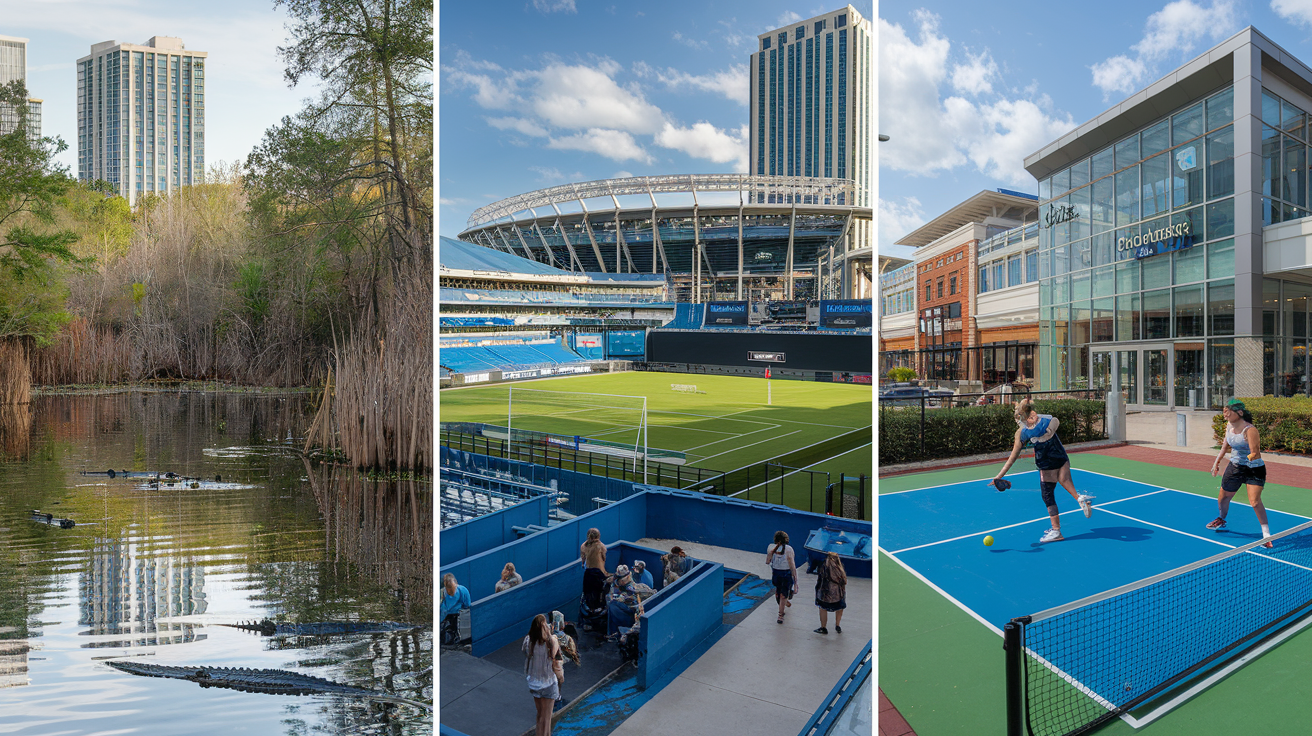 Three different activities in Orlando. Swamps on the left, stadium in the middle and pickleball court on the right.