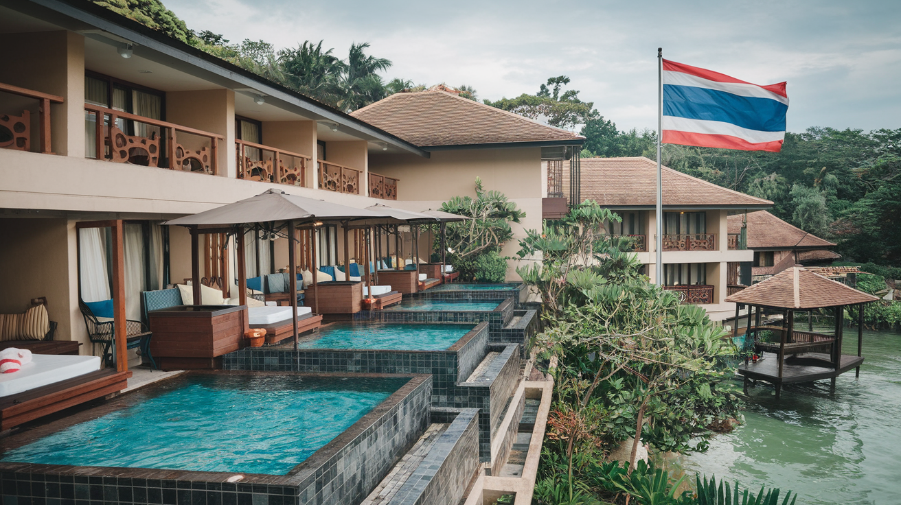 A medium shot of a resort hotel in Thailand. There are private pools by the hotel rooms, and the Thai flag is flying high. The hotel has multiple levels and is built in a modern architectural style. The surroundings are lush with greenery.