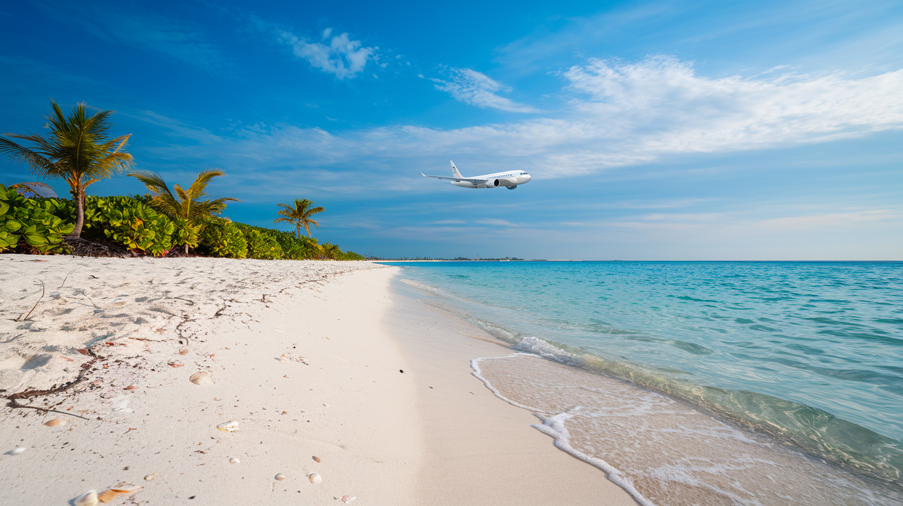 A photo of a serene beach vacation scene with a white plane in the distance. The beach has fine, white sand and is gently sloping towards the clear, turquoise water. A few palm trees are planted near the water's edge. The sky is a bright blue with a few white clouds. The sand is dotted with seashells. The horizon is vast, with the white plane flying in the sky. The overall ambiance is simple and serene.